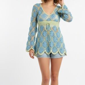Blue and Cream Crochet Women Top